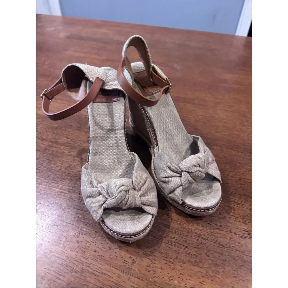 Tory Burch Boho Chic Tan & Natural Knotted Espadrille Wedge Sandals